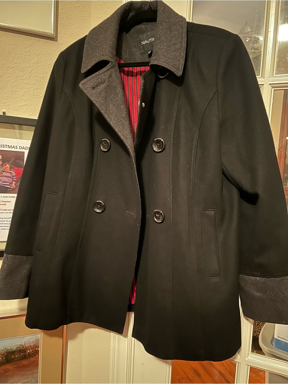 Nautica Black Wool Blend Peacoat with Gray Collar